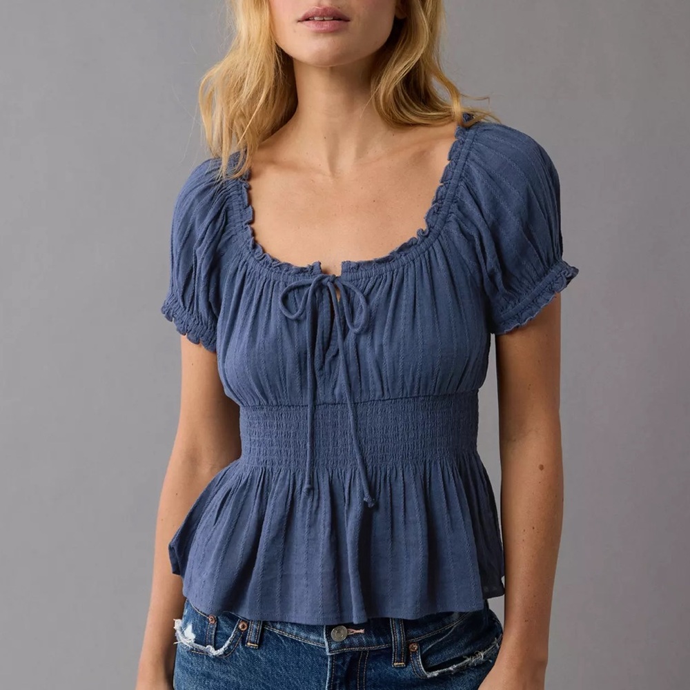 American Eagle Blue Babydoll Ruffle Top
